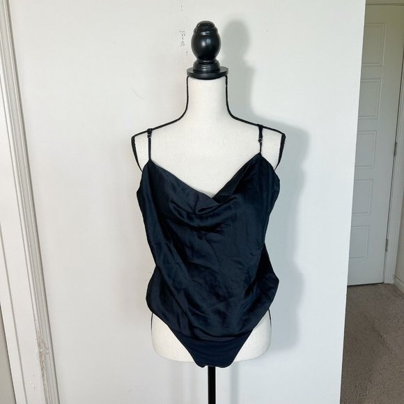 Abercrombie & Fitch Blouse Womens Black Satin Bodysuit Drape Cowl Neck XL - Picture 1 of 7